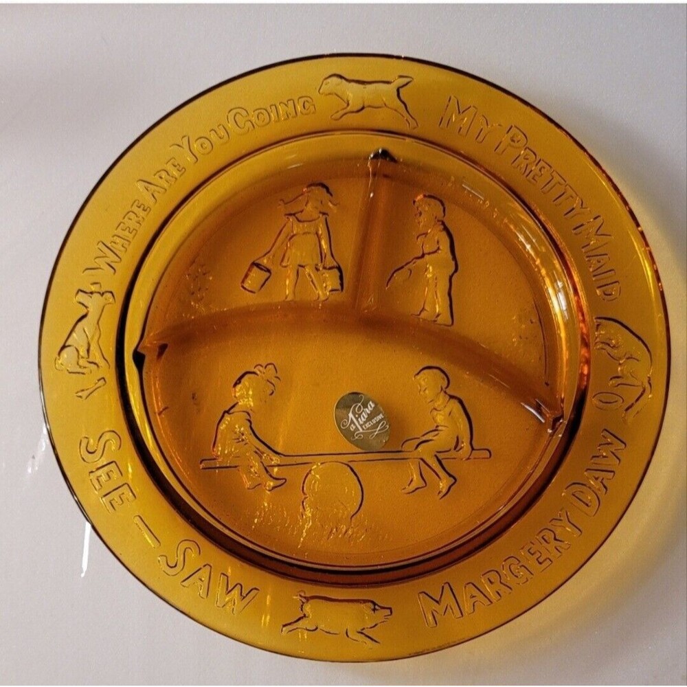 Vintage Tiara Indiana Glass Child's Set Plate Bowl Mug Nursery Rhymes Amber